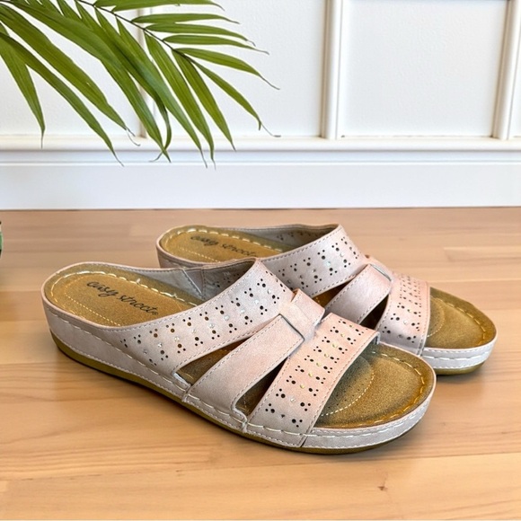 EASY STREET Blush Pink Slip-On Wedge Sandals with Rhinestone Detail - Size 7M - Picture 3 of 10